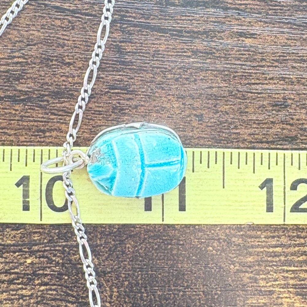 Turquoise Carved Scarab Pendant Necklace Sterling Silver 925 Size 15.5" Length - Picture 15 of 16